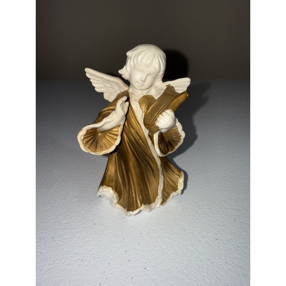 Vintage Lenwile Ardalt Harp Angel Figurine Gold White Ceramic